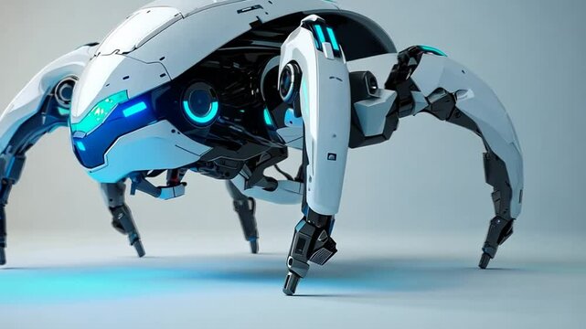 Futuristic Technology: Advanced Hexapod Robot with Sleek White Design and Blue Light Accents