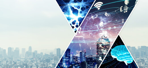 A collage of various technology images. Wide angle visual for banners or advertisements.