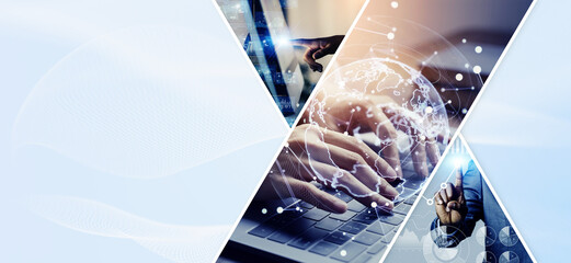 Collage of various business images. Wide angle visual for banners or advertisements.