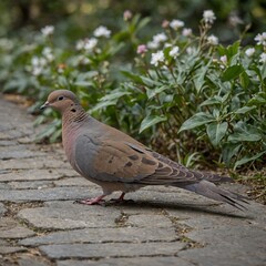 Brown pigeon, a wild avian with white feathers, on the green grass