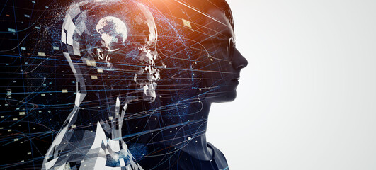 Profile of a woman and AI(artificial intelligence) concept. Wide angle visual for banners or...