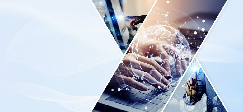 Collage of various business images. Wide angle visual for banners or advertisements.