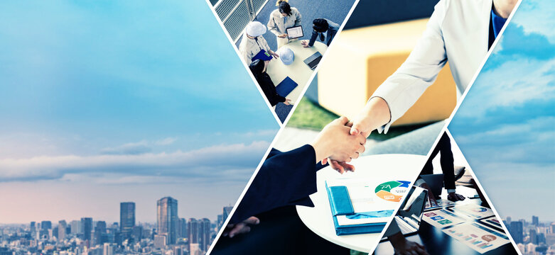 Collage of various business images. Wide angle visual for banners or advertisements.