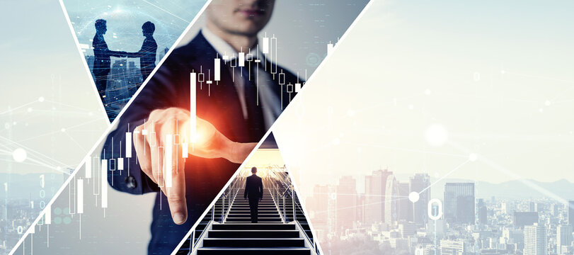 Collage of various business images. Wide angle visual for banners or advertisements.