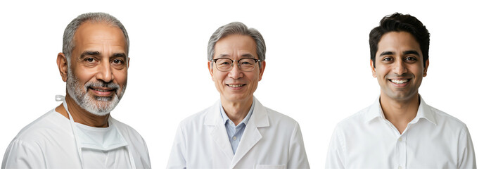 Three Male Healthcare Professionals: Diverse Group of Doctors in Lab Coats for Medical and Health Themes