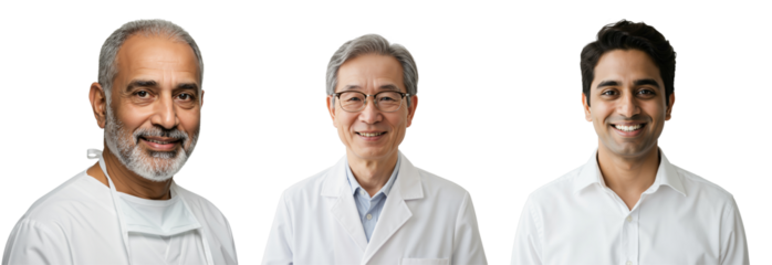 Three Male Healthcare Professionals: Diverse Group of Doctors in Lab Coats for Medical and Health Themes