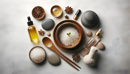 White wood background with neatly arranged spa treatment essentials including massage stones oil droppers and sea salt bowl with soft shadows and clear space for wellness text