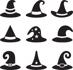 halloween witch hat set clipart, halloween witch hat set silhouette vector black and white