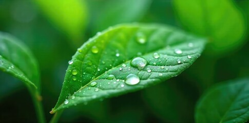 Close-up of lush, dewy green leaves after a rainfall, glistening with moisture droplets, vibrant and fresh , nature, plant