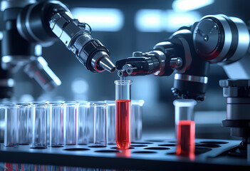 A robot is holding a red liquid in a glass tube