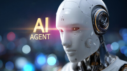 Fototapeta premium Closeup of futuristic white robot head with intricate details, showcasing advanced technology and emotion. background features blurred cityscape