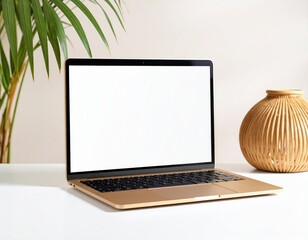 Fototapeta premium Minimalist workspace featuring a gold laptop with a blank screen a plant and a decorative vase