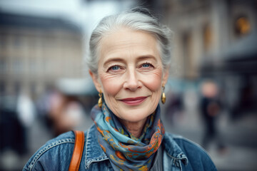 Close up of stylish senior woman smiling in urban setting, enjoying retirement and active lifestyle