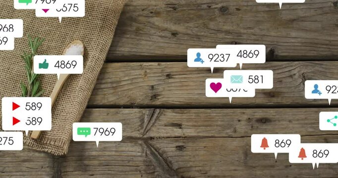 On starting clip social icons flooding around salt rosemary spoon representing engagement metrics