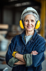 Portrait of confident senior woman engineer wearing protective workwear posing with arms crossed and smiling in factory