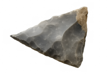 Neolithic flint hand axe isolated on transparent background, showing signs of wear and tear from ancient use