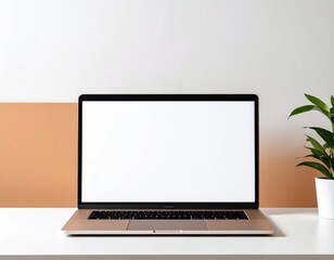 Fototapeta premium Minimalist workspace featuring a laptop with a blank screen and a potted plant (1)