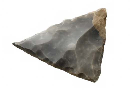 Neolithic flint hand axe isolated on transparent background, showing signs of wear and tear from ancient use