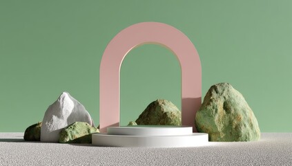 Minimalist scene pastel pink archway, white podium, textured rocks on a sandy surface against a sage green backdrop