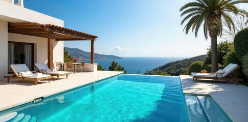 Obraz premium Luxury villa rental, private pool, stunning ocean views, spacious terrace, Mediterranean paradise Perfect for a relaxing getaway , escape, sunshine, landscape