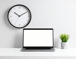 Minimalist workspace featuring laptop clock and plant against a white wall