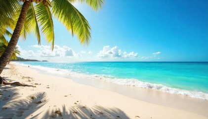 Vibrant summer scene featuring sun-drenched beach, turquoise ocean waves crashing on the shore, and bright blue sky Perfect for travel, vacation, and summer-themed projects , day, holiday, horizon