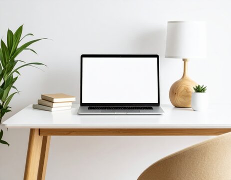 Minimalist workspace featuring laptop books lamp and plant on a white desk