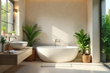 Fototapeta premium Serene bathroom with soft lighting, fluffy towels, and lush plants Creates a calming and inviting atmosphere perfect for relaxation and self-care , white, luxury