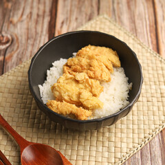 Rice bowl with chicken katsu and topped with sauce and sesame seeds