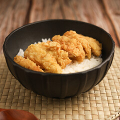Rice bowl with chicken katsu and topped with sauce and sesame seeds