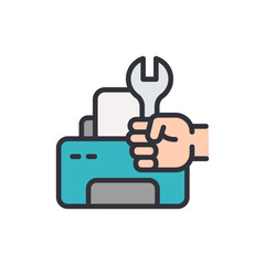 Cartoon Illustration Of Hand Holding Wrench Fixing A Printer