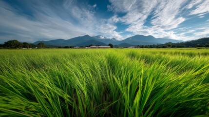 Fototapeta premium Lush green rice plants stretch across the landscape, thriving in fertile soil. Majestic mountains rise in the background under a blue sky dotted with clouds, illustrating agricultural beauty