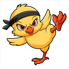 Cartoon chick performing karate kick vector illustration. Funny martial arts bird great for sports and humorous animal concepts. © Nass Studio