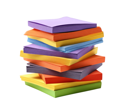 Colorful assortment of sticky notes stacked in various sizes, showcasing vibrant hues of purple, orange, blue, yellow, and green. Perfect for organization and creativity
