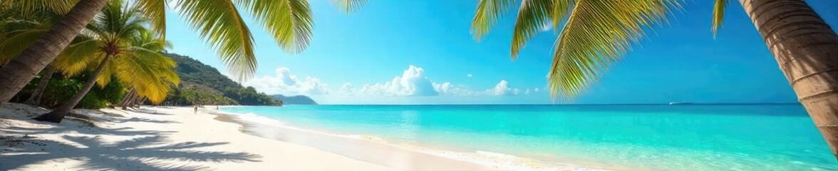 Fototapeta premium Sun-drenched beach scene with vibrant turquoise water, soft white sand, and swaying palm trees creating a perfect summer holiday escape , shore, turquoise