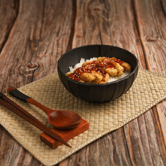 Rice bowl with chicken katsu and topped with sauce and sesame seeds