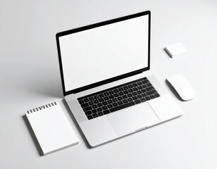 Minimalist Workspace Laptop Mouse Notepad and Sticky Notes on White Surface