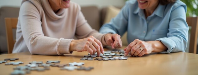 Caregiver and Senior Doing Jigsaw Puzzle for Cognitive Health.  Suitable for use in brochures for retirement homes, educational content about healthy aging