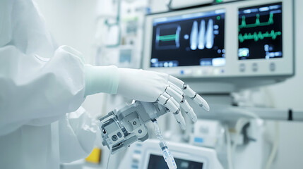 Medical Professional Operating Robotic Arm in a High-Tech Surgical Environment