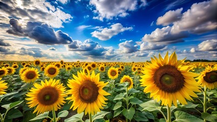 Obraz premium A field of sunflowers stretches under a bright blue sky with fluffy white clouds.