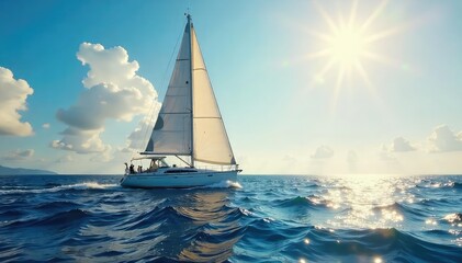 Obraz premium Triumphant sailboat at sea, sunlight gleaming on its sails, waves gently lapping the hull A scene of serene victory and achievement on the open ocean , blue, victory