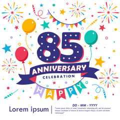 85th years anniversary celebration emblem. congratulations anniversary logo isolated with balloons, bunting flag, ribbon, fireworks and stars. vector illustration template design