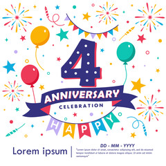 Obraz premium 4th years anniversary celebration emblem. congratulations anniversary logo isolated with balloons, bunting flag, ribbon, fireworks and stars. vector illustration template design
