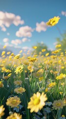 Fototapeta premium Field of yellow daisies under a blue sky with white clouds