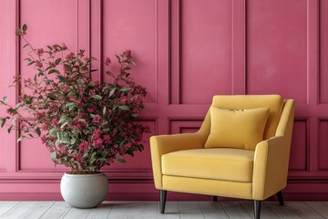 Pink room with a mustard yellow armchair and a plant.