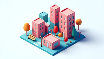 Obraz premium Isometric Pink Cityscape with Trees and Buildings