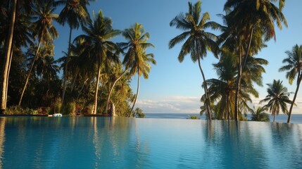 Fototapeta premium Infinity pool surrounded by lush palm trees at tropical island resort during golden evening light, peaceful and exotic summer destination captured in high detail