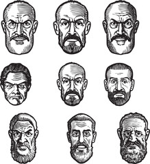 Nine black and white portraits of stern men with intense expressions.