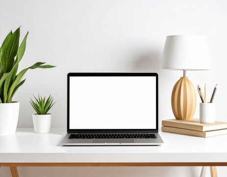 Minimalist workspace with laptop plants lamp and books on a white desk (1)