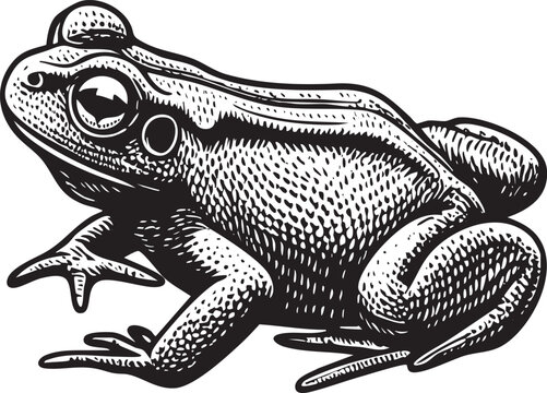 detailed black and white of a frog poised on a lily pad.